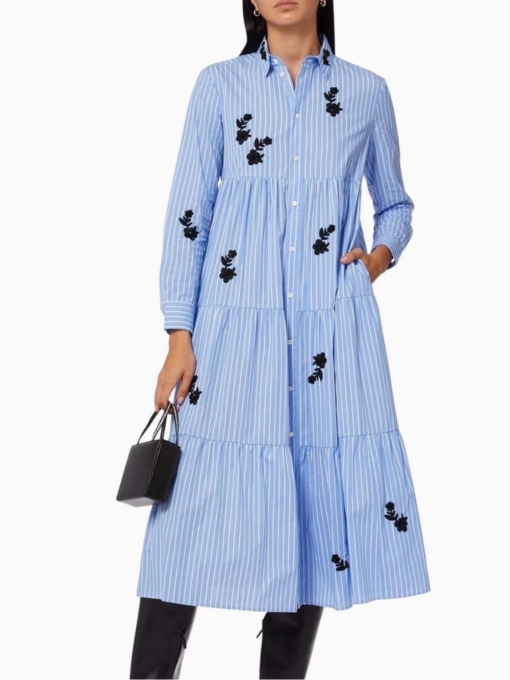 Blue Striped Button-Front Tiered Midi Dress with Black Floral Embroidery